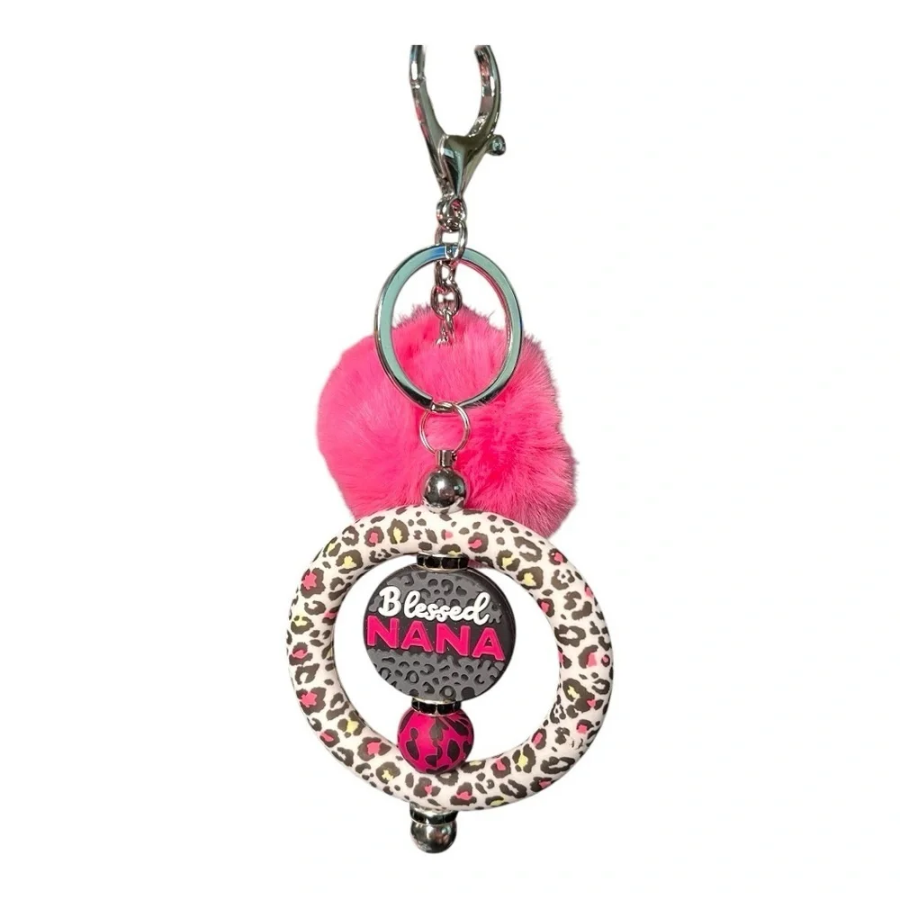 Blessed Nana Keychain with Leopard Print & Pink Pom Pom